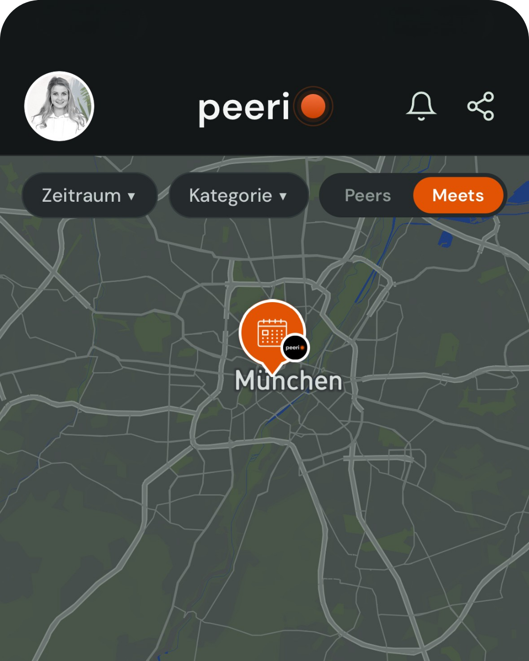 Schritt 1: Das Event des Partners erscheint auf der Meets Map in der peerio App