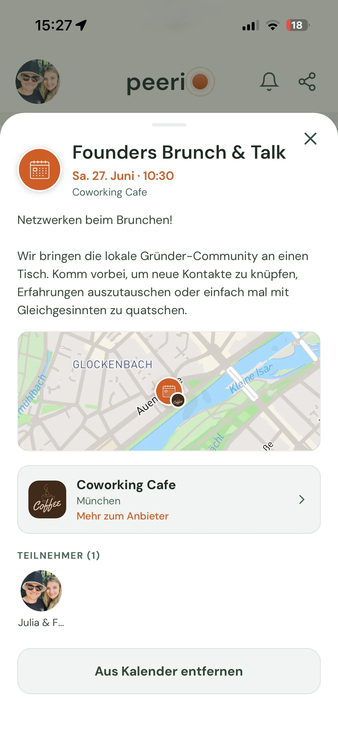 peerio App Eventansicht – Founders Brunch & Talk im Coworking Café